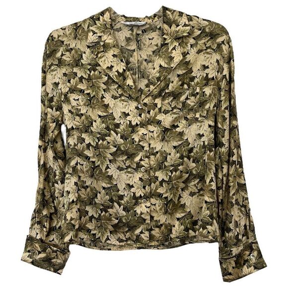 Valentino Miss V Vintage Silk Blouse Womens 6 IT 40 Green Leaves Print Old Money - Picture 1 of 10